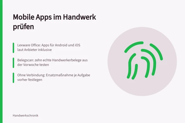 Karte zur Prüfung mobiler Handwerker-Apps und Belegerfassung. Mobile Handwerkssoftware prüfen: Apps, Belegscan und Verhalten bei Verbindungsabbruch