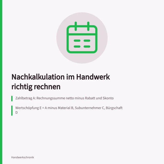 Nachkalkulationsformular mit Wertschöpfung, Stundensatz und Auftragsergebnis. Nachkalkulation im Handwerksauftrag mit dem Kammerformular und Rückkopplung auf Angebotspreise