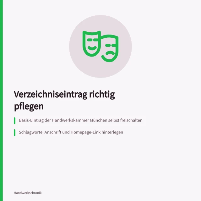 Verzeichniseintrag pflegen: Basis-Eintrag, Schlagworte, Widerspruch. Regional sichtbar werden mit einem gepflegten Verzeichniseintrag
