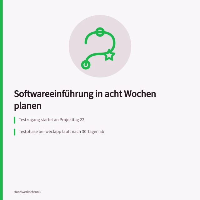 Acht-Wochen-Plan zur Softwareeinführung im Handwerksbetrieb mit Rollen und Prüfpunkten. Softwareeinführung im Handwerksbetrieb in acht Wochen planen