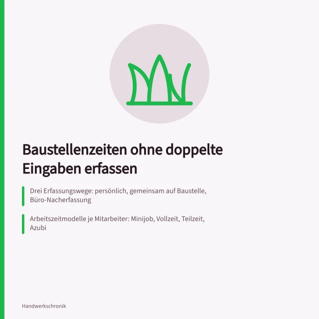 Karte zu Baustellenzeiterfassung, Arbeitszeitmodellen und DATEV-Lohnübergabe. Wie bildet ein Handwerksbetrieb Baustellenzeiten ohne doppelte Eingaben ab?