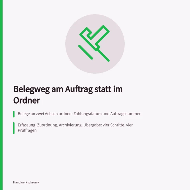 Belegweg am Auftrag: Erfassung, Zuordnung, Archivierung und Übergabe im Handwerksbetrieb. Wie ordnet ein Handwerksbetrieb Belege so, dass Steuerberater und Nachkalkulation davon profitieren?